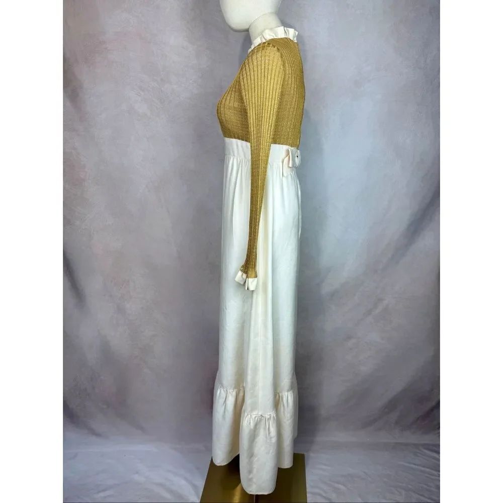 Vintage 1970s Gold Lurex Maxi Dress S Mod MCM Disco ILGWU - Picture 5 of 11